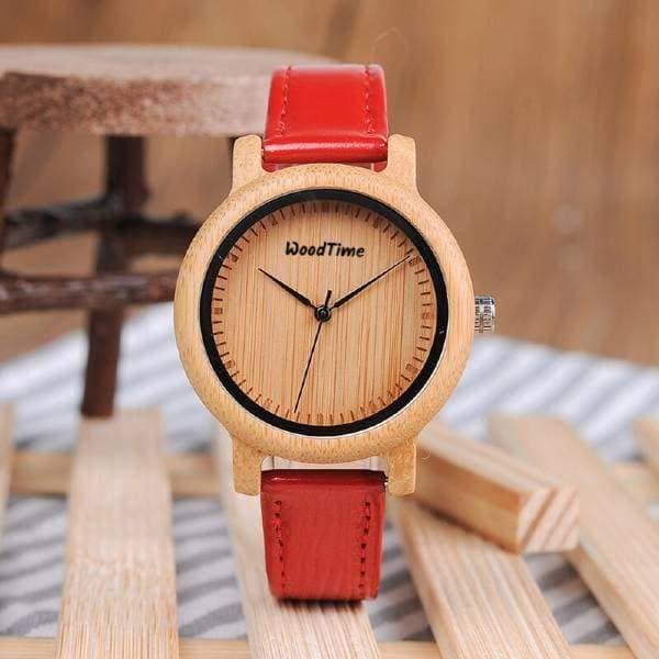 Montre bambou femme bracelet cuir rouge GRAVURE – Sun Wood Time